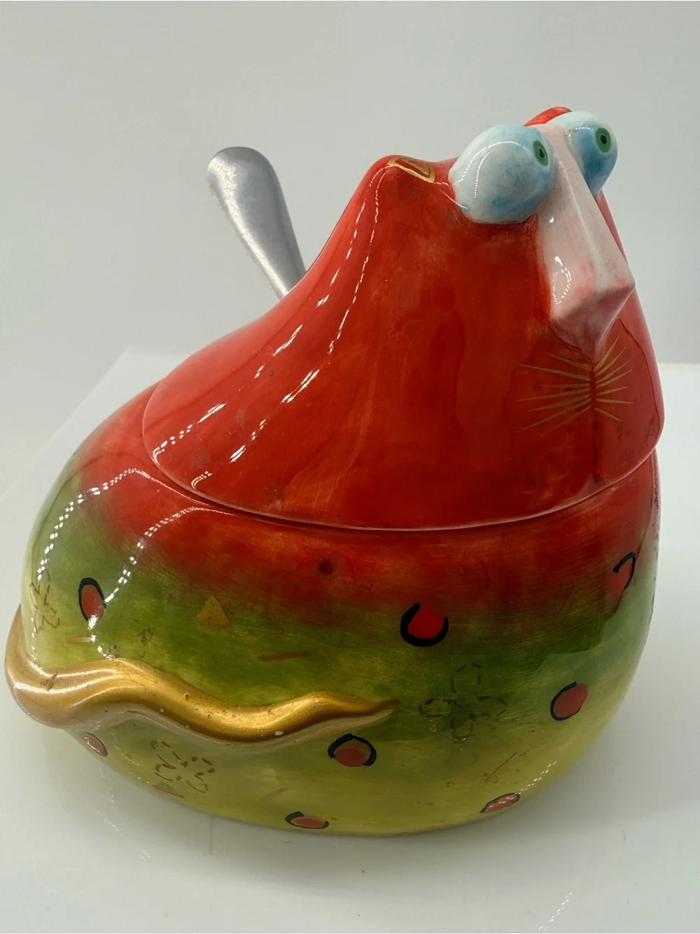 Colorful Red & Green Ceramic Bird Treat Jar